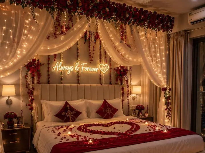 First Night Room Decoration in Kolkata by Hamd Flower Decoration in Kasba, Kolkata